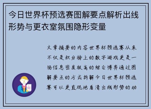 今日世界杯预选赛图解要点解析出线形势与更衣室氛围隐形变量